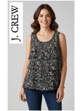 J. Crew, 100% silk black and white sleeveless tiered ruffle blouse